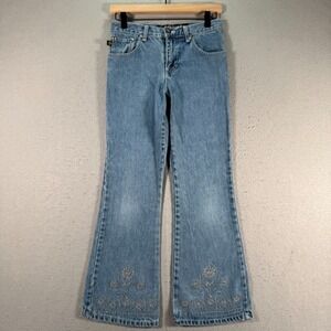 Vintage Second Generation Flare Jeans Womens 12 Blue Lightwash Floral Embroidery